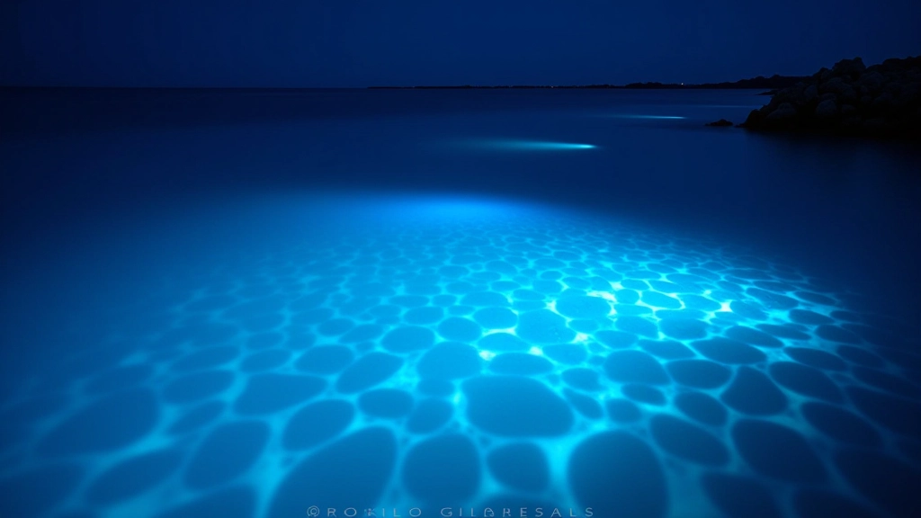 Aguas luminiscentes de la bahía nocturna con reflejos azules brillantes en Fajardo