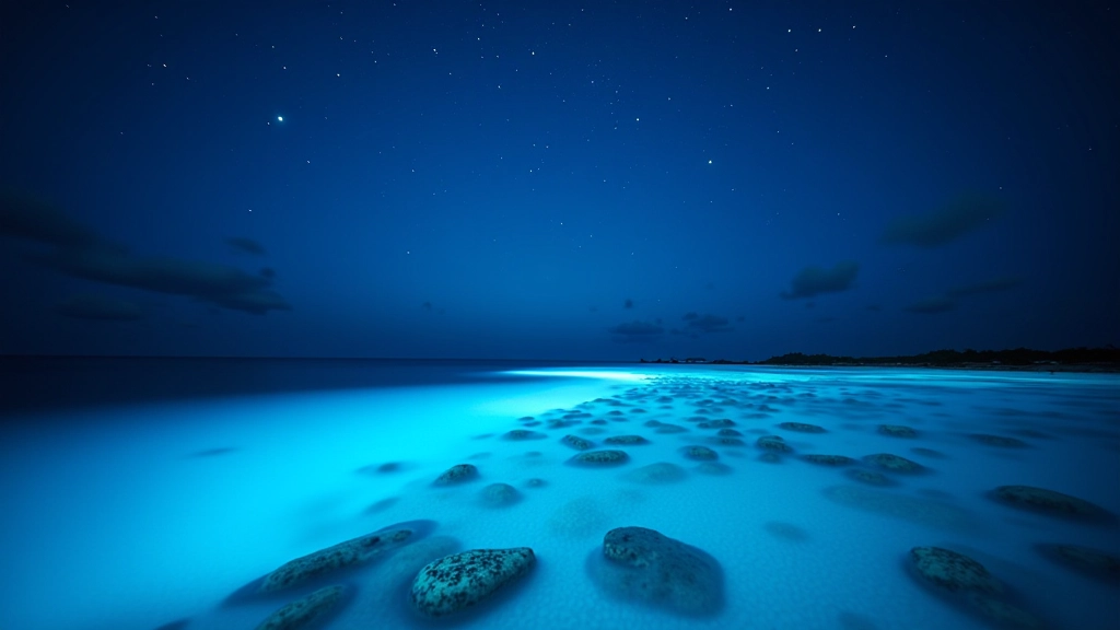Bahía bioluminiscente de Fajardo con aguas brillantes bajo el cielo nocturno estrellado