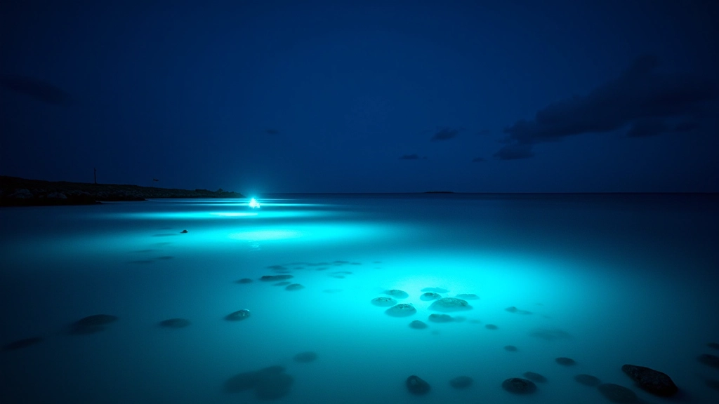 Bahía nocturna iluminada por bioluminiscencia con luz azul verdosa brillante reflejada en el agua