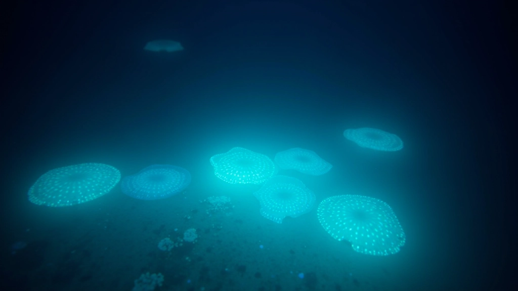 Dinoflagelados en agua marina durante la noche brillando con luz bioluminiscente azul verdosa
