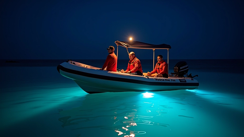 Chaleco salvavidas y equipo de seguridad en bote durante tour nocturno de bioluminiscencia