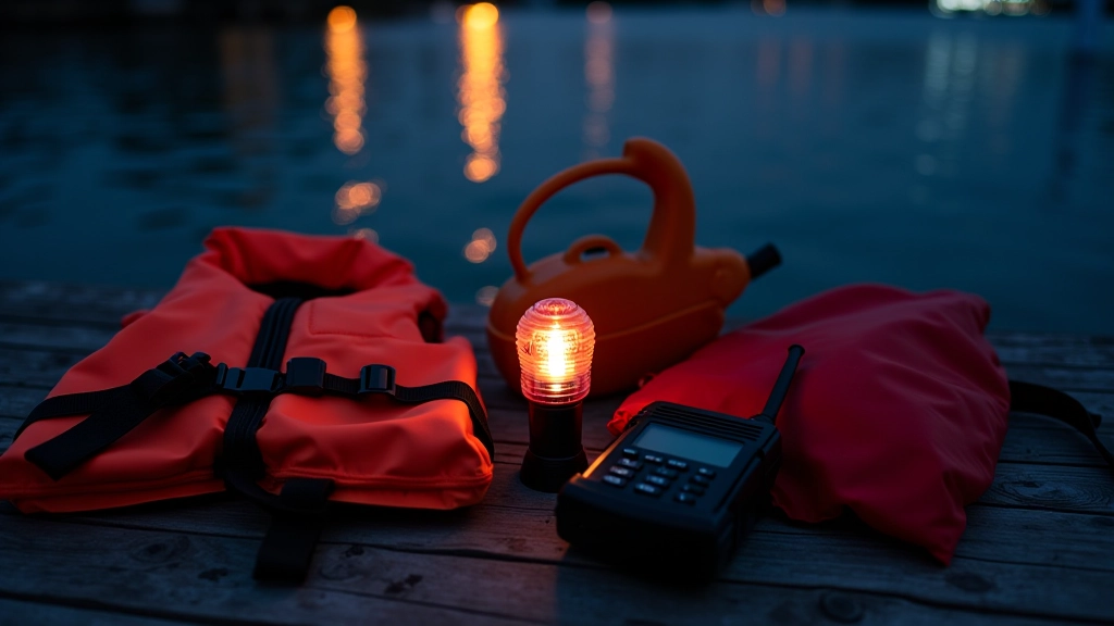 Equipo de seguridad marina completo incluyendo chaleco salvavidas, luz de emergencia, y radio de comunicación profesional