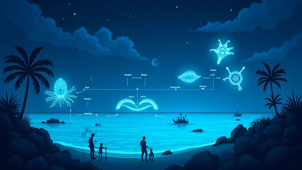 Diagrama científico mostrando el proceso de bioluminiscencia en organismos marinos microscópicos