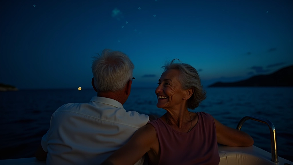 Pareja de jubilados disfrutando un paseo nocturno en bote bajo las estrellas