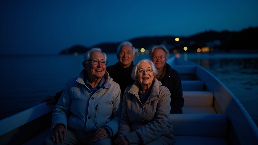 Grupo de jubilados disfrutando del paseo nocturno en la bahía con expresiones de asombro