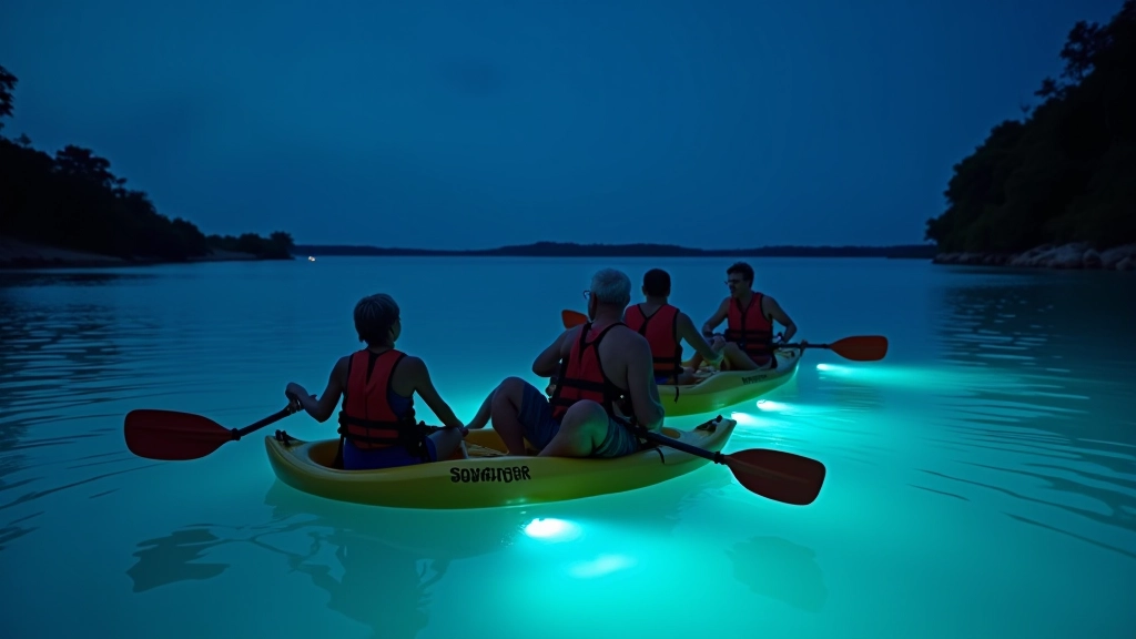 Grupo de jubilados disfrutando de un paseo nocturno en kayak en la bahía bioluminiscente