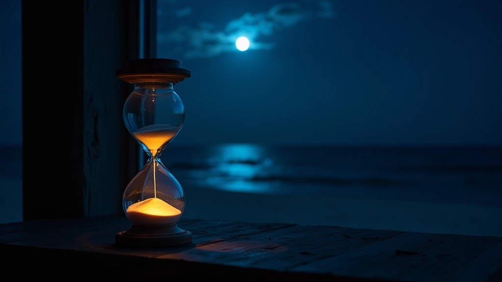 Reloj de arena mostrando el paso del tiempo con arena brillante bajo la luz nocturna
