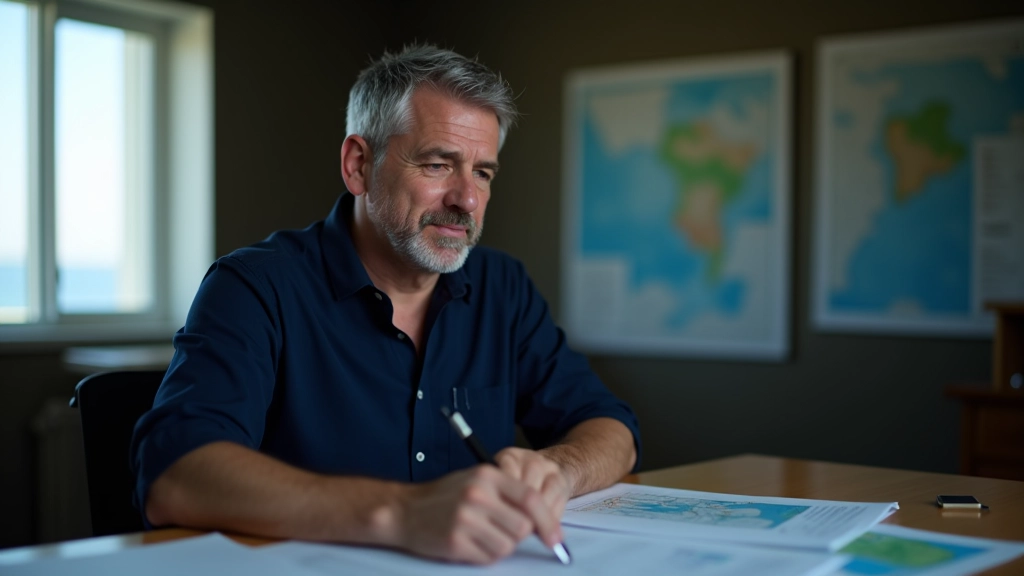 Roberto Martínez trabajando en su escritorio documentando datos sobre ecosistemas bioluminiscentes, rodeado de notas científicas y mapas de Laguna Grande