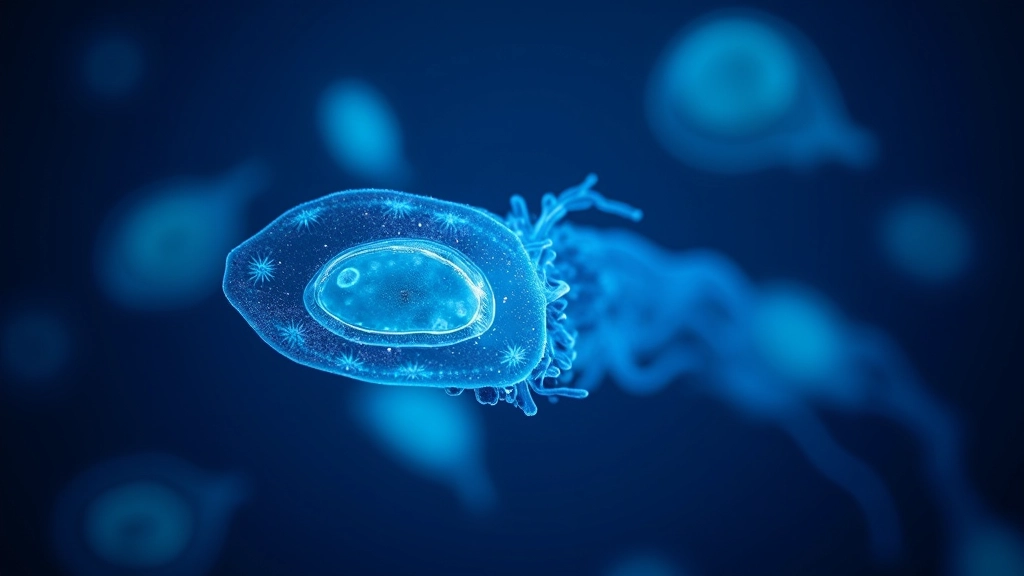 Detalle microscópico de dinoflagelados bioluminiscentes con estructura celular visible en agua marina