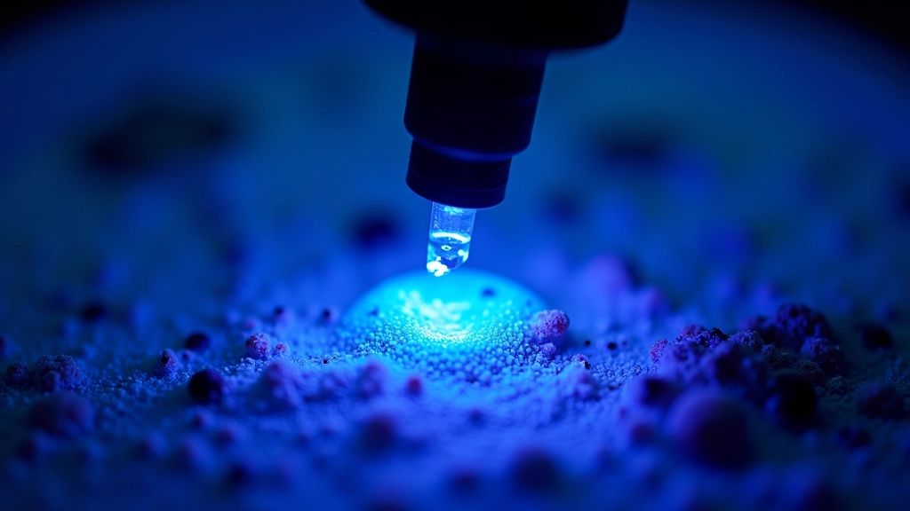 Microscopio mostrando dinoflagelados bioluminiscentes brillando bajo luz ultravioleta