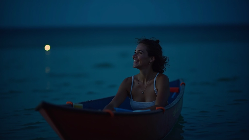 Mujer mayor sonriendo en la cubierta de una lancha durante un paseo nocturno seguro en la bahía