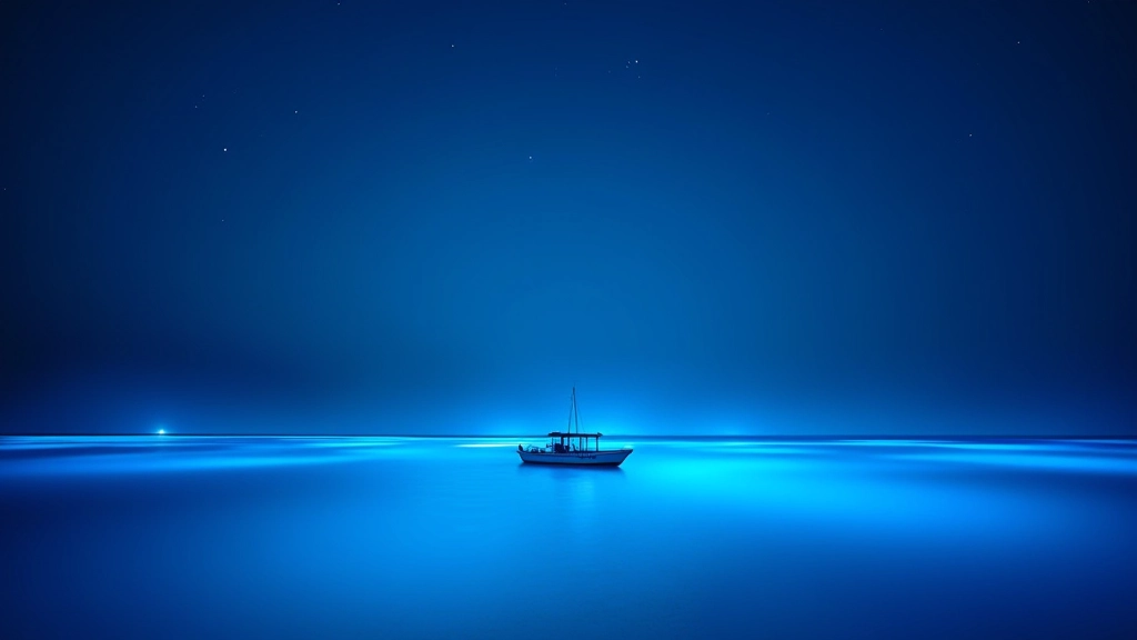 Vista nocturna de la bahía bioluminiscente con destellos azules de bioluminiscencia