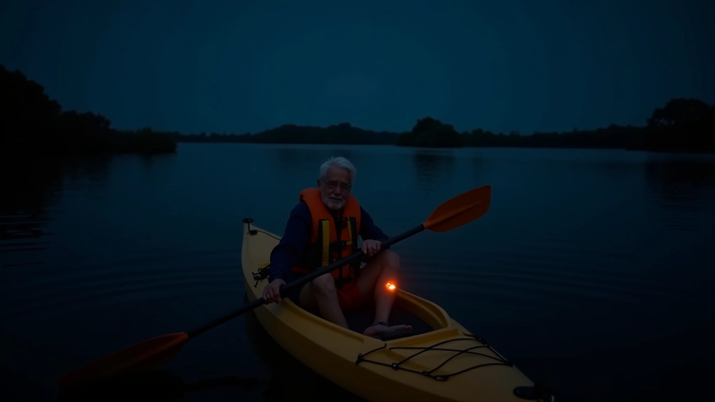 Jubilado cómodo en kayak durante paseo nocturno, bien posicionado con chaleco salvavidas y luz de seguridad