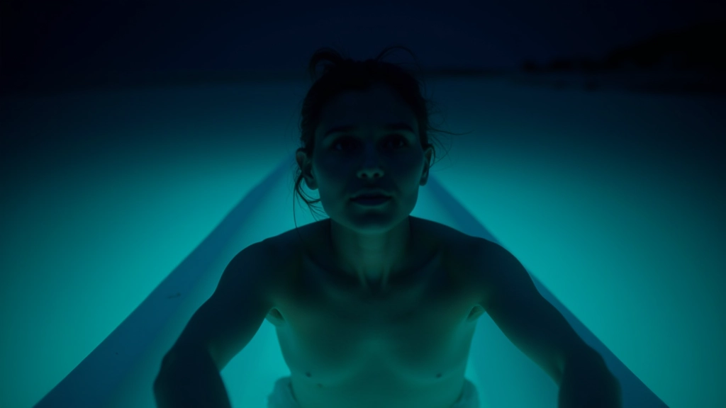 Persona en bote pequeño en bahía nocturna con agua bioluminiscente brillante