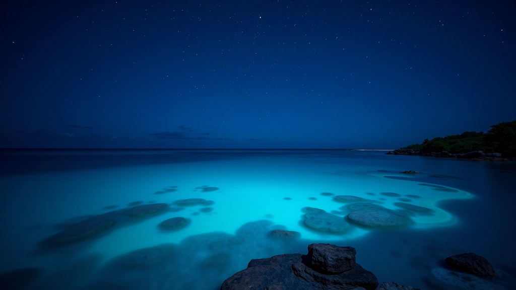 Vista nocturna de la bahía bioluminiscente de Fajardo con aguas resplandecientes y cielo estrellado